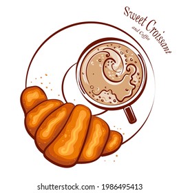 Bakery logo. Croissant with a cup of coffee, vector, isolated on white background for design menu cafe,bistro, restaurant, label and packaging.