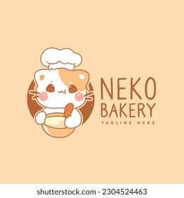 Bakery logo with cute cat cooking mascot 