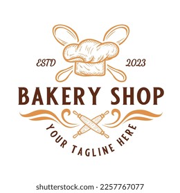 Logo für die Bäckerei. Teigschleifer und Hutkonzept des Küchenchefs, perfekt für eine Bäckerei.
