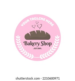 Diseño del logo de la panadería con un estilo plano de la panadería sombrero de chef y círculo de trigo e ilustración de color rosa