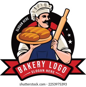 Bakery Logo gezeichnet Vektorgrafik des Chefkochs mit Schnurrbart und Brot. Cheflogo. Logo auf der Weide, roter blauer Kreis Logo