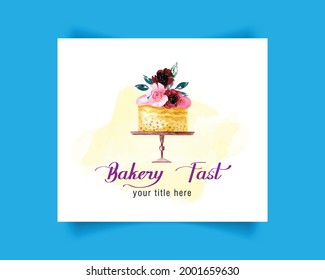 bakery logo with floral watercolor style elements design.