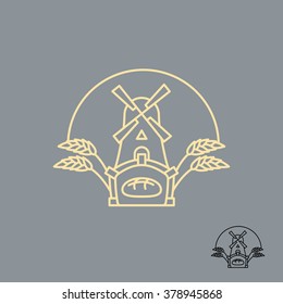 bakery Logo. Flour mill. Oven for food. Ears of rye. Manufacture of cakes products. Sign bakeshop