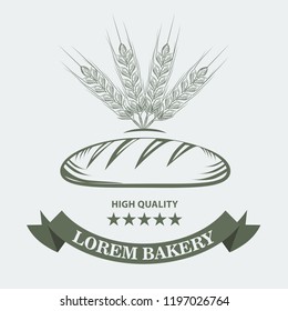 Bakery logo with fresh bread, wheat, ribbon and stars. Sketch line art style Vector Illustration.