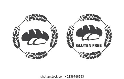 Bäckerei Logo. Glutenfrei. Brot mit zwei Scheiben, umgeben von Weizen.