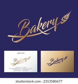Bakery logo. Gold lettering with spikelet. Bakery and pastry shop.  Business card.