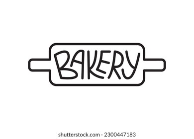 Bakery logo, hand drawn text. Hand lettering typography, mono line style. Minimalistic design for logotype, emblem, icon, badge. Vector illustration isolated on white background