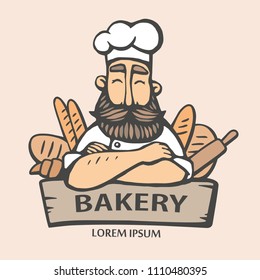 Logo de la panadería. Dibujo manual vectorial de la cocina en jefe con bigote y barba en un vestido blanco con pan. logo de la cocina principal.