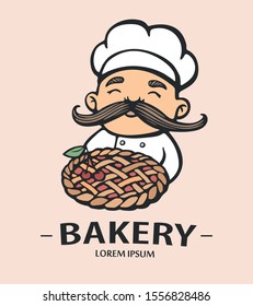 Bakery logo. Hand drawn vector illustration of chef-cooker with a mustache and pie. chef cake colorful logo.