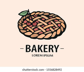 Bakery logo. Hand drawn vector illustration of pie. Cake colorful emblem