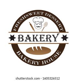 Bakery logo. Hand drawn vector illustration of chef-cooker with a mustache and bread. chef logo.