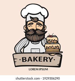 Bakery logo. Hand drawn vector illustration of chef-cooker with a mustache, beard and cake. chef cake logo. Confectionery logo. Hipster logo