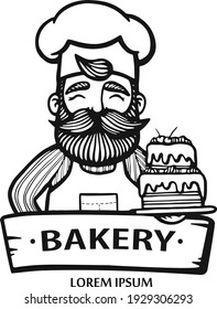 Bakery logo. Hand drawn vector illustration of chef-cooker with a mustache, beard and cake. chef cake logo. Confectionery logo. Hipster logo