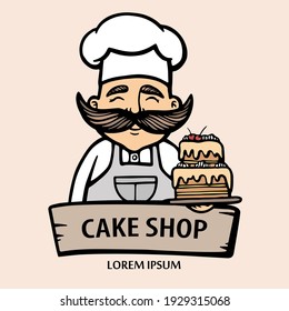 Bakery logo. Hand drawn vector illustration of chef-cooker with a mustache, beard and cake. chef cake logo. Confectionery logo. Hipster logo