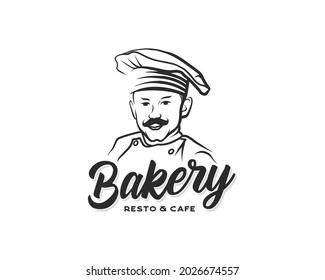 Bakery logo. Hand drawn vector illustration of chef with a mustache. restaurant and cafe logo design template