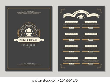 Bakery logo and menu design vector brochure template. Cupcake silhouette.