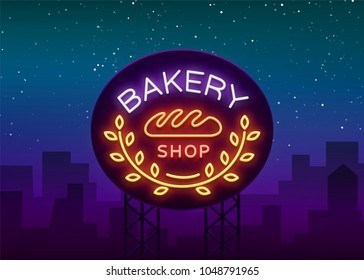 Bakery logo is a neon sign. Vector illustration on the topic of fresh pastries. Neon symbol, bright billboard, night shining advertisement Bakery