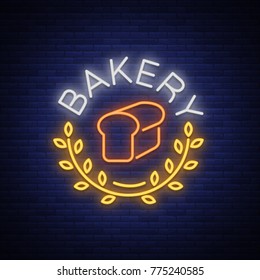 Bakery logo is a neon sign. Vector illustration on the topic of fresh pastries. Neon symbol, bright billboard, night shining advertisement Bakery
