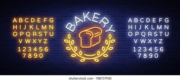 Bakery logo is a neon sign. Vector illustration on the topic of fresh pastries. Neon symbol, bright billboard, night shining advertisement Bakery. Editing text neon sign. Neon alphabet