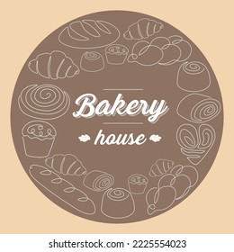 Bakery logo. One line bred in circle, copy space for text, simple outline food, label or emblem template, muffin loaf and croissant. Toast and baguette. Shop logotype. Vector illustration