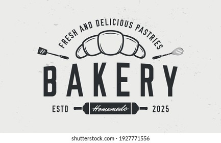 Bakery Logo, Poster. Bakery Trendy Logo With Croissant, Rolling Pin, Whisk And Spatula. Vintage Trendy Hipster Design. Confectionery, Bake Shop, Pastry Shop Vector Emblem Template.