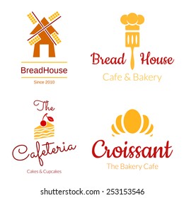 Bakery logo set. Croissant, Cake, Mill Elements. Vector design