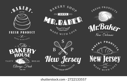 Bakery logo set isolated on black background. Vintage egg whisk label. Outline bun, bread and croissant emblems. Hand drawn baking templates. Vector illustration