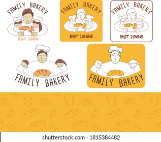 Bakery logo set in vector includs also pattern for design. Illustration for family bakery logo with kids and father to describe tratiotions of baking. 