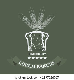 Bakery logo with sliced fresh bread, wheat, ribbon and stars. Sketch line art style Vector Illustration.
