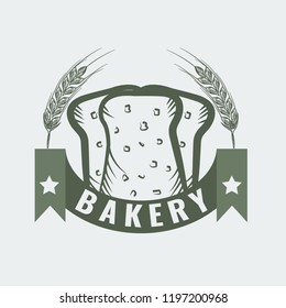 Bakery logo with sliced fresh bread, wheat, ribbon and stars. Sketch line art style Vector Illustration.