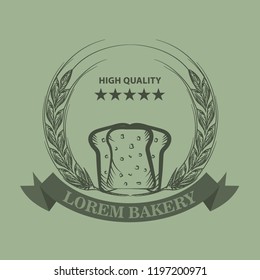 Bakery logo with sliced fresh bread, wheat, ribbon and stars. Sketch line art style Vector Illustration.