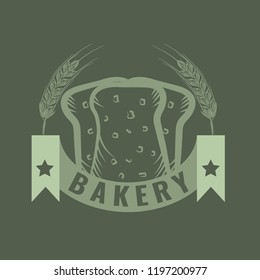 Bakery logo with sliced fresh bread, wheat, ribbon and stars. Sketch line art style Vector Illustration.