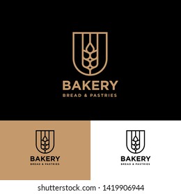 Bakery Logo. Spikelet in a Heraldic Shield on Different Background. Agricultural Logo. Identity.