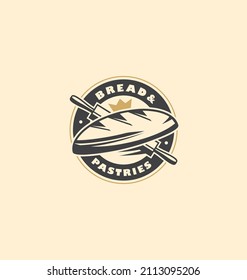 Bakery logo stamp vector design concept. Bread and pastries retro seal, emblem, label, symbol or icon layout. Food logo drawing illustration with whole bread and rolling pin graphic.