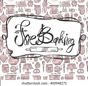 Bakery logo template. Hand drawn rolling pin and baking for your design in vector. Sketched illustration.The Baking calligraphy and lettering.