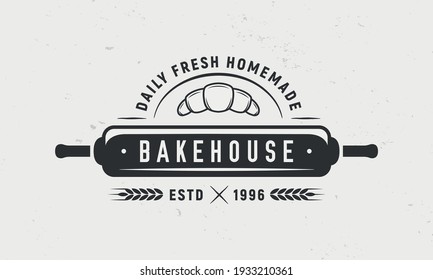 Logo-Vorlage für Bäckerei. Vintage-Bakehouse-Logo mit rollendem Pin und Croissant. Logo oder Plakat für Bäckerei, Bäckerei, Restaurant. Vektorgrafik