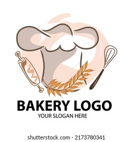 Bakery logo with toque accessories, rolling pin and spatula for making bread