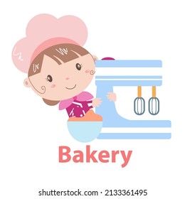 Bakery logo vector illustration with cute girl cartoon art.