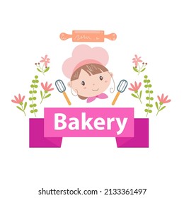 Bakery Logo Vector Illustration With Cute Girl Cartoon Art.