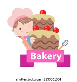 Bakery logo vector illustration with cute girl cartoon art.