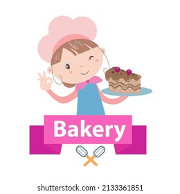 Bakery logo vector illustration with cute girl cartoon art.