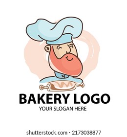 Logo de la panadería. Dibujo vectorial de la cabeza cocinada con bigote y barba en vestido azul con rollo de pan. logotipo del jefe de cocina.