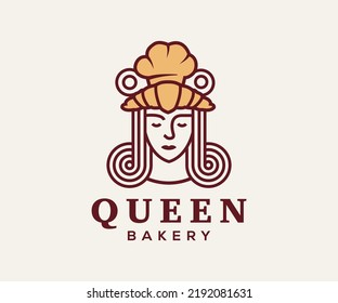 Bakery logo vector illustration with queen woman and croissant on top