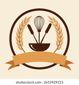 Bakery Logo Vector – Whisk and Wheat Emblem with Ribbon Banner