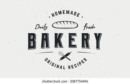 Bakery logo. Vintage bakery logo with bread, cooking whisk and rolling pin. Logo, poster template for cafe, bakery shop. Vector illustration