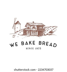 Bakery logo with windmill and barn illustration in vector, We Baked Bread typographic poster, vintage emblem, label 