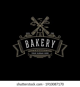 Bakery logo with windmill in frame style. Logo template for bread business - shop, market, restaurant or design - banner, sticker. Vector illustration