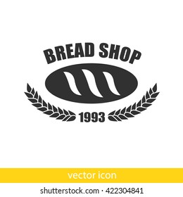 Bakery logo with wreath of ears of corn and fresh bread. Vector bakery icon isolated.