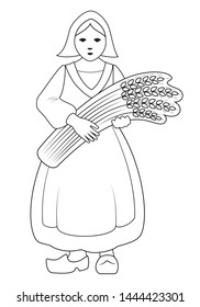Bakery logo. Young woman in traditional clothes holding bouquet of wheat vector illustration.