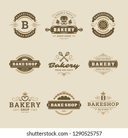 Bakery logos and badges design templates set vector illustration. Good for bakehouse and cafe emblems. Retro typography elements and silhouettes.